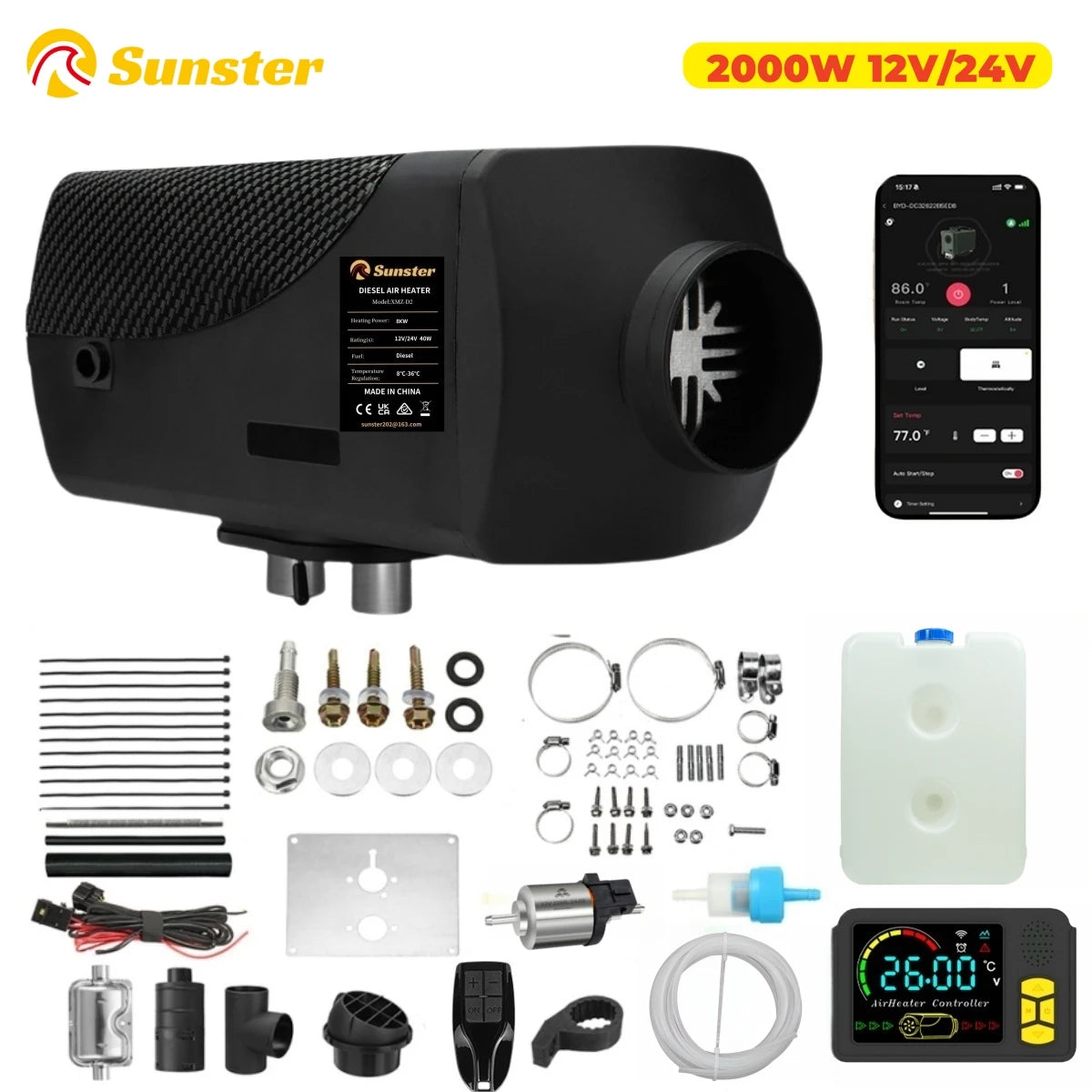 DIY Tool Center™ 2KW 12V 24V Diesel Air Heater Parking Heater with Bluetooth APP Control Upgraded LCD Switch Fast Heating for Car Trailer Truck