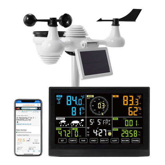DIY Tool Center™ 7-in-1 Wi-Fi Weather Station 7.5 in Color Display + Solar Wireless Outdoor Sensor Alarm Alerts for Temperature Humidity