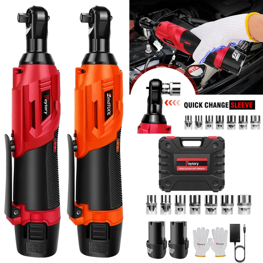 DIY Tool Center™200NM 3/8" Cordless Electric Ratchet Wrench,90° Angle Wrench 12V Power Ratchet Tool with 2 Batteries & Charger+7 Sockets