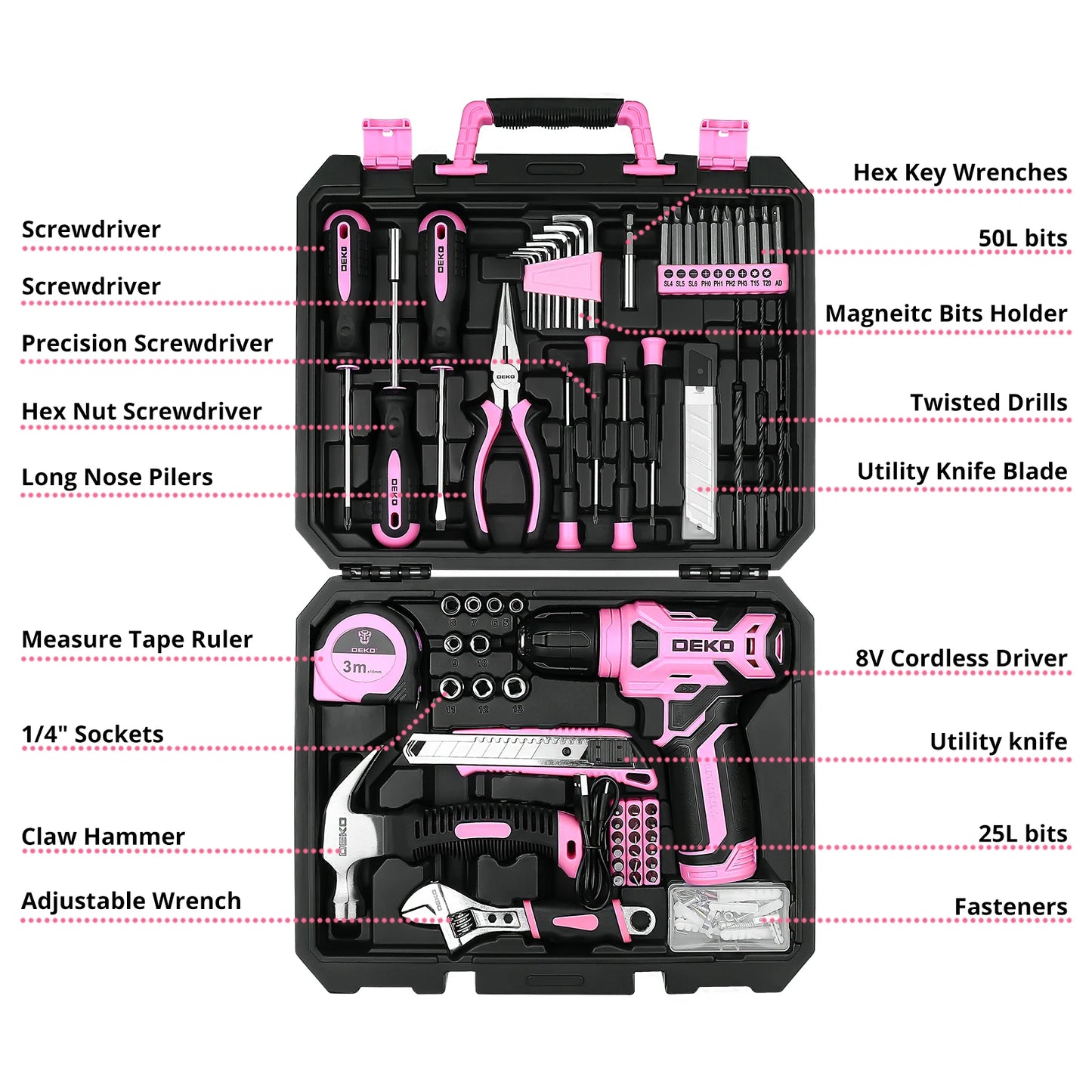 DIY Tool Center™ 126Pcs Power Tool Combo Kits with 8V Cordless Drill,10MM 3/8'' Keyless Chuck,Professional Home Household DIY Hand Tool Kits